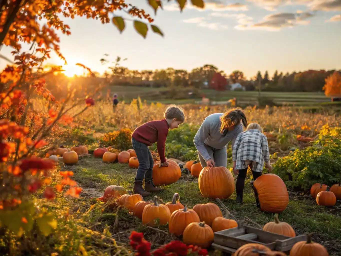 Family picking pumpkins at a pumpkin patch in autumn